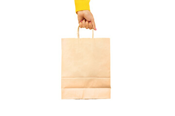 Woman hand holding paper shopping bag isolated on transparent background. Shopping concept.