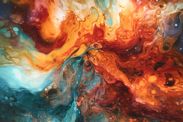 Obraz na płótnie Canvas Abstract fluid art painting in alcohol ink liquid technique. Imitation of marble stone cut. Blend of colors that creates sheer waves. Background for posters, product packaging. Generative AI