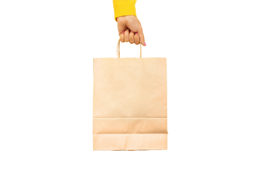 Woman hand holding paper shopping bag isolated on transparent background. Shopping concept.