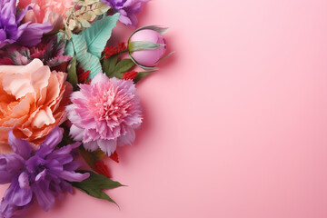 Celebration floral backdrop with copy space, bouquet of beautiful colorful flowers on pastel pink background. Generative AI