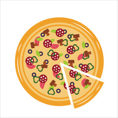 Pizza with slice flat. Pizza isolated on white background. Vector illustration.