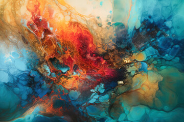 Plakat Abstract fluid art painting in alcohol ink liquid technique. Imitation of marble stone cut. Blend of colors that creates sheer waves. Background for posters, product packaging. Generative AI