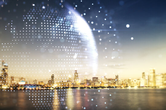 Multi exposure of abstract creative digital world map hologram on Chicago skyscrapers background, research and analytics concept
