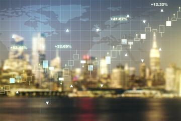 Multi exposure of virtual abstract financial graph hologram and world map on blurry skyscrapers background, financial and trading concept