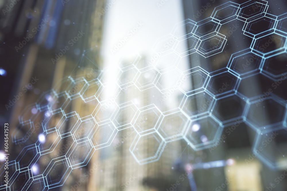 Poster abstract virtual wireless technology hologram with hexagon on office buildings background. big data 