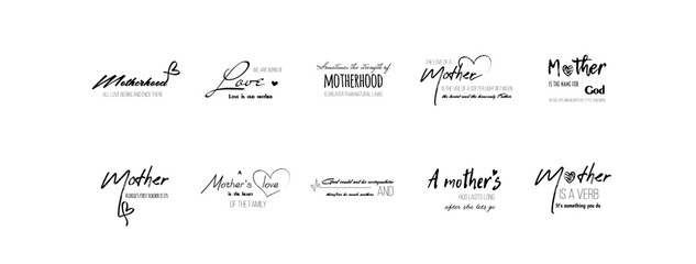 Happy Mother's Day hand lettering set for greeting cards, posters. Vector calligraphy illustrations collection: I Love You, Thank You Mom etc.