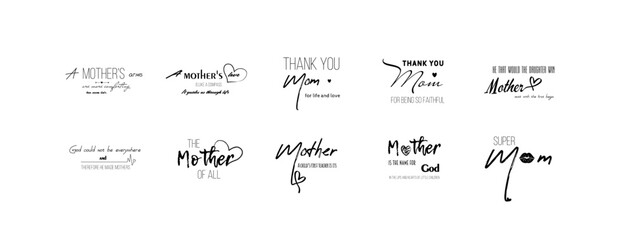 Happy Mother's Day hand lettering set for greeting cards, posters. Vector calligraphy illustrations collection: I Love You, Thank You Mom etc.