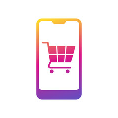 Shopping trolley with smartphone icon symbol, E-Commerce business marketing concept, Vector illustration