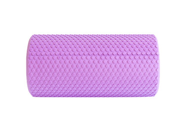 A purple massage foam roller isolated on a white background. Close-up. Foam rolling is a self myofascial release technique. Concept of fitness equipment.