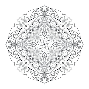 recommend clip art: hand drawn doodle mandala with leaf. Ethnic mandala with black line ornament. Isolated. Illustration on doodle style. monochrome line for tattoo. Coloring book Mandala for inside.