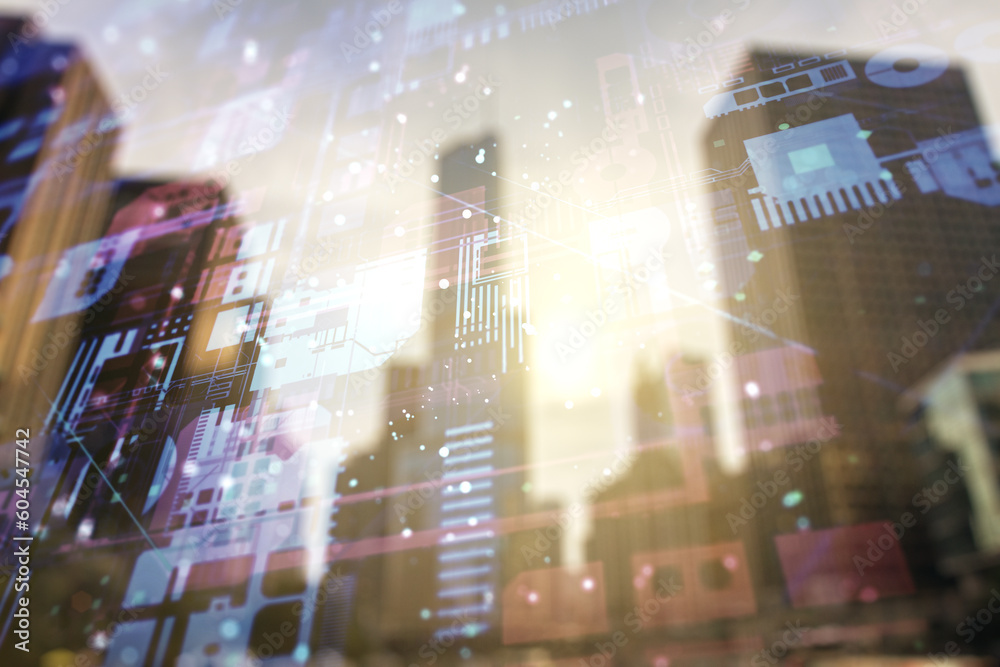 Aufkleber Double exposure of abstract programming language interface on modern skyscrapers background, research and development concept