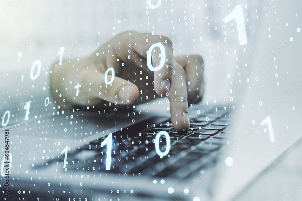 Fototapete double exposure of creative abstract binary code hologram and hands typing on laptop on background. 