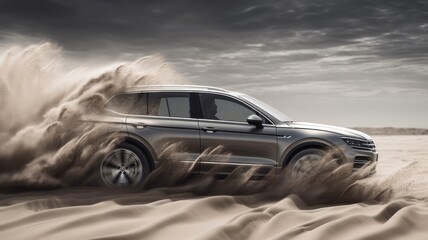 SUV tour in desert. Dune bashing through sand dunes. Abstract generic 4x4 car, AI image. Car advertising concept.