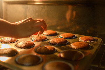 Cupcakes baking on a home stove.