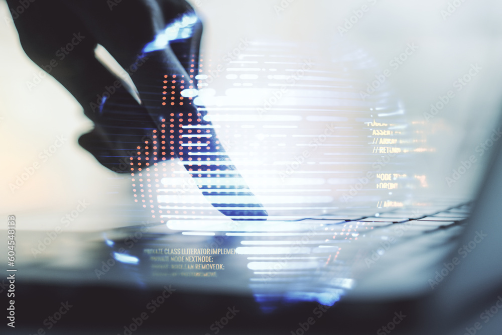 Poster double exposure of abstract programming language hologram with world map and hands typing on laptop 