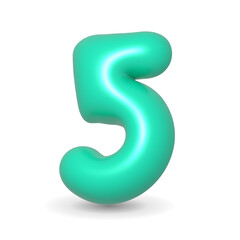 Luxury, gleaming and glistening mint aquamarine balloon number Five. 3d realistic design element isolated on white background. For birthday cake, sales, anniversary.