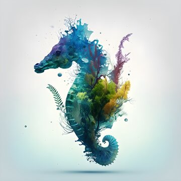 "Marine Symphony: The Double Exposure Seahorse's Submerged Harmony" | Creative Design | Illustration | AI Generated Artwork