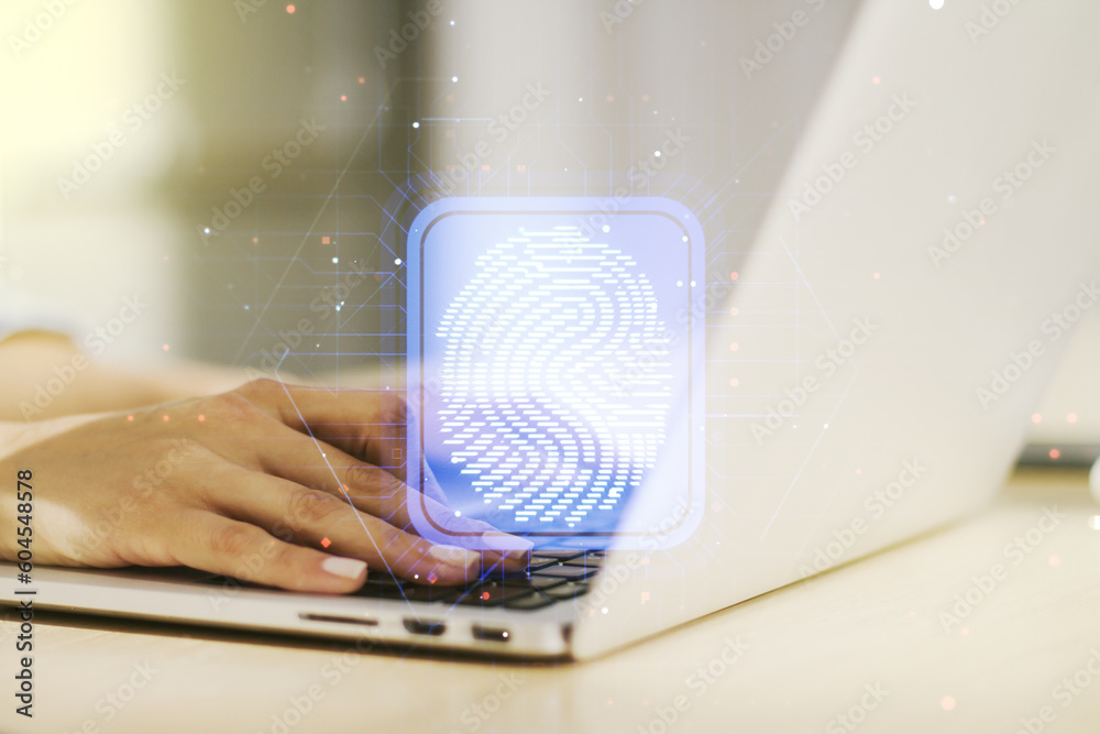 Poster multi exposure of abstract creative fingerprint illustration with hands typing on computer keyboard 
