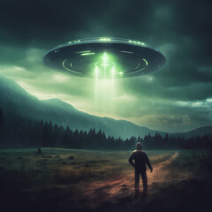 UFO, vector alien space ships with green light generative A