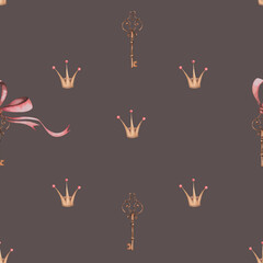 seamless watercolor pattern with crown, key and pink bow. cute pattern for princesses. textiles for little babies. enjoy