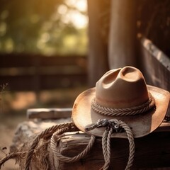 The image features a cowboy with rural background, hat, rope, horse. (Generative AI)