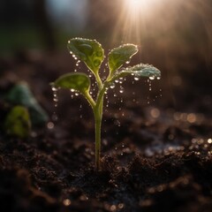 A young plant grows with rain-water in sunlight. (Generative AI)