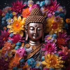 The Buddha statue has colourful flowers. (Generative AI)