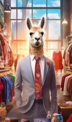 Fototapeta na wymiar Llama dressed in a suit like a businessman (generative AI)