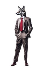 Wolf dressed in a suit like a businessman, isolated on white (generative AI)