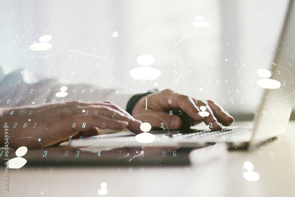 Poster social network media concept with hands typing on computer keyboard on background. double exposure