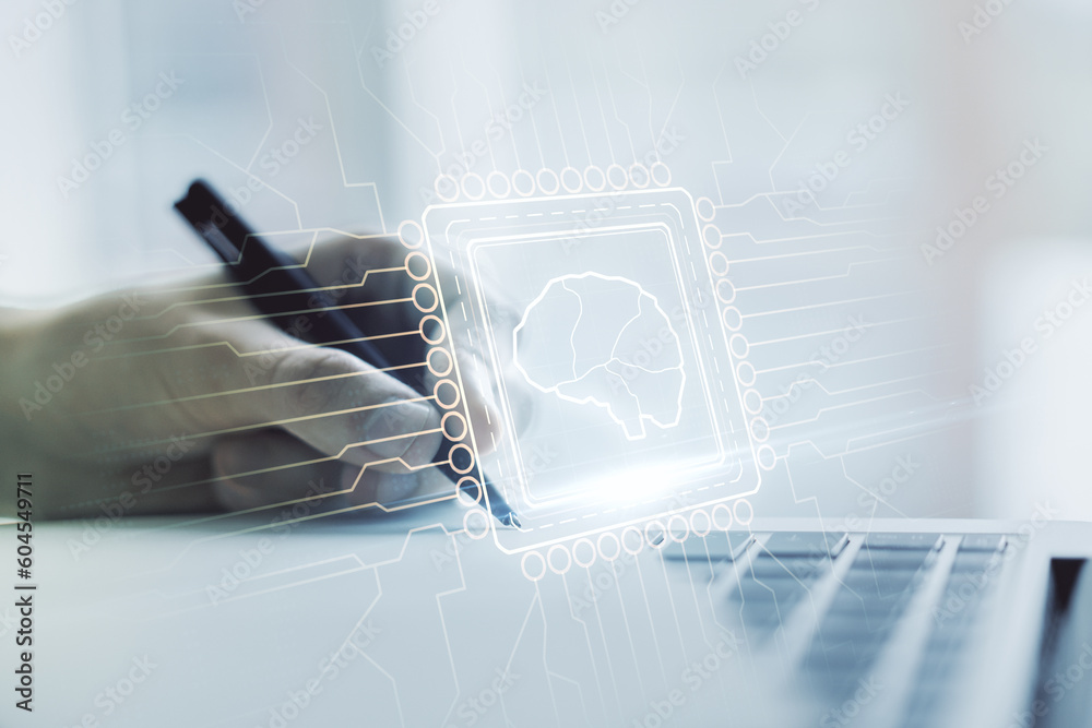 Poster double exposure of creative human brain microcircuit with hand writing in notepad on background with