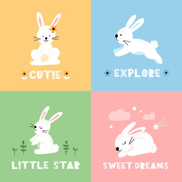 Set of cute rabbit in cartoon style with phrase. Bunny pet silhouette. Hare and rabbit colorful illustration for childrens book, postcards and posters.
