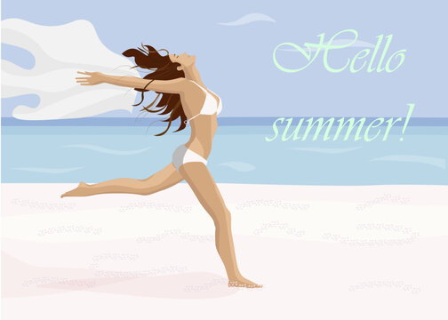 woman in bikini on the beach, hello summer, vector illustration