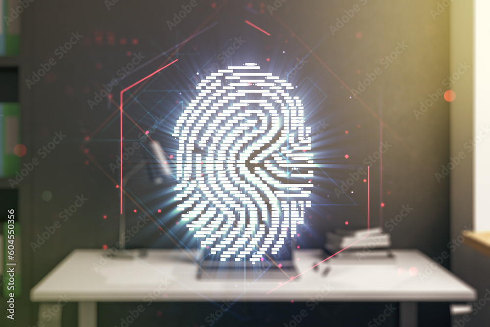 Leinwandbilder multi exposure of abstract graphic fingerprint sketch and modern desktop with pc on background, fing