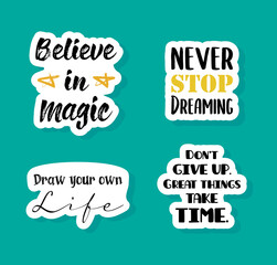Motivational lettering phrase sticker set. Cute vector notebook label clip art. Self confidence inspirational quotes.