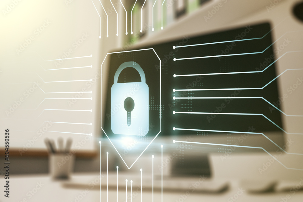 Poster creative light lock illustration with microcircuit and modern desktop with pc on background, cyber s