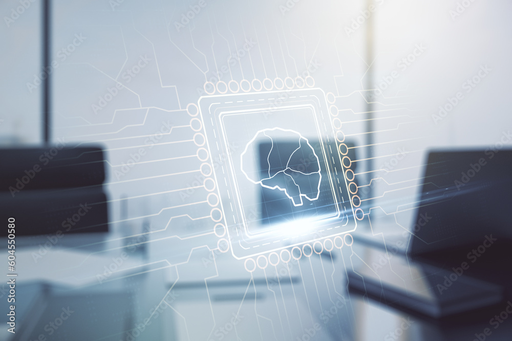 Poster double exposure of creative artificial intelligence symbol and modern desktop with laptop on backgro