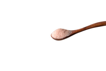 Wooden spoon with Himalayan pink salt,white background.