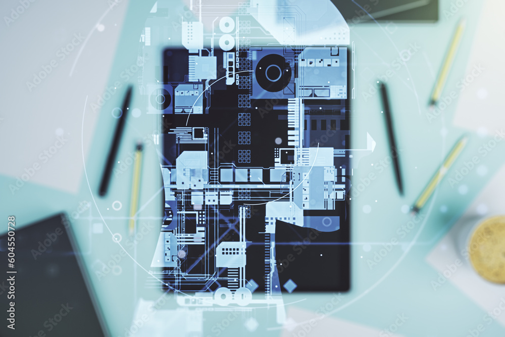 Poster double exposure of creative artificial intelligence symbol and digital tablet on background, top vie