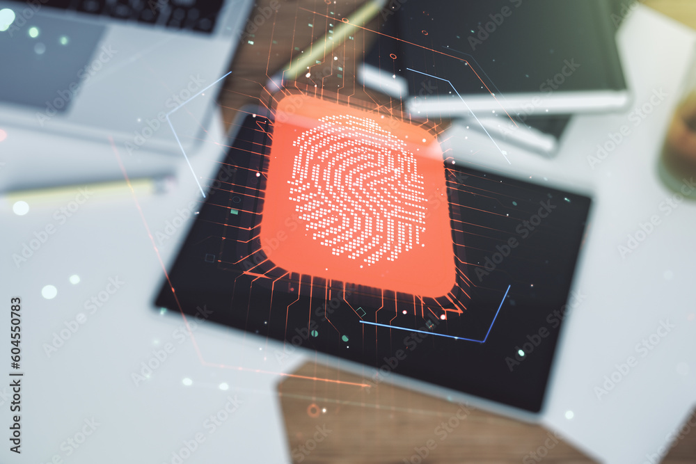 Leinwandbilder multi exposure of abstract fingerprint scan interface and modern digital tablet on background, digit
