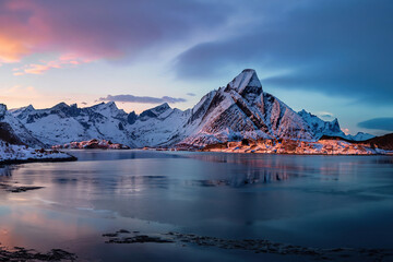A magical evening in Lofoten. North fjords with mountains landscape. scenic photo of winter mountains and vivid colorful sky.