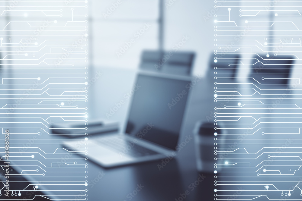 Aufkleber Creative abstract micro chip hologram on modern computer background, artificial intelligence and machine learning concept. Multi exposure