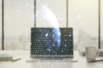 Double exposure of abstract digital world map on computer background, big data and blockchain concept