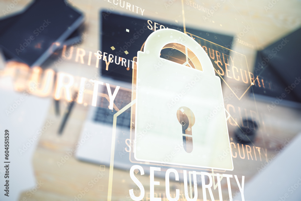 Poster creative light lock illustration with microcircuit on modern computer background, cyber security con