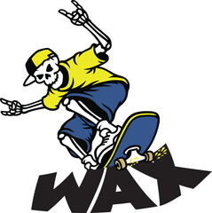 a Skeleton using Skateboard Wax to  do a "Frontside Crooked Grind" on a ledge of word "Wax"