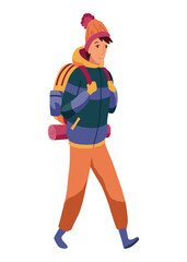 Young man walking alone. Cartoon backpacker on winter hiking, active walking at snowy season. People outdoors activity. Travel expedition