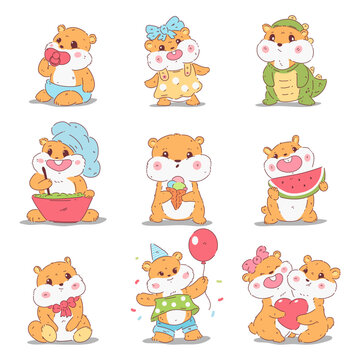 Cute hamsters vector cartoon characters set isolated on a white background.