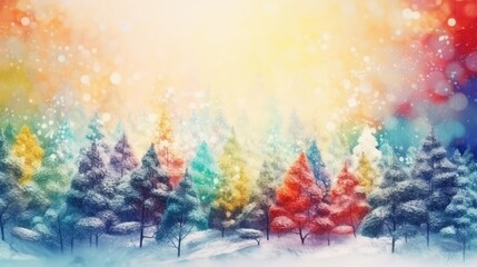Winter fir trees and pines. Christmas and New Year background. Festive seasonal Christmas bright background. Holiday poster and banner, greeting card. generative ai