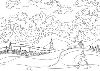 Winter landscape, snowy pines on foreground and mountains peaks, hills, clouds on sky background. Coloring illustration. Vector drawing of snow-covered field. Mountains winter snowy landscape