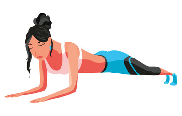 Girl stands in plank performs exercises for abdominal muscles. Healthy lifestyle. Fitness helps woman improve body, technique of performing. Sports activities, flat vector illustration